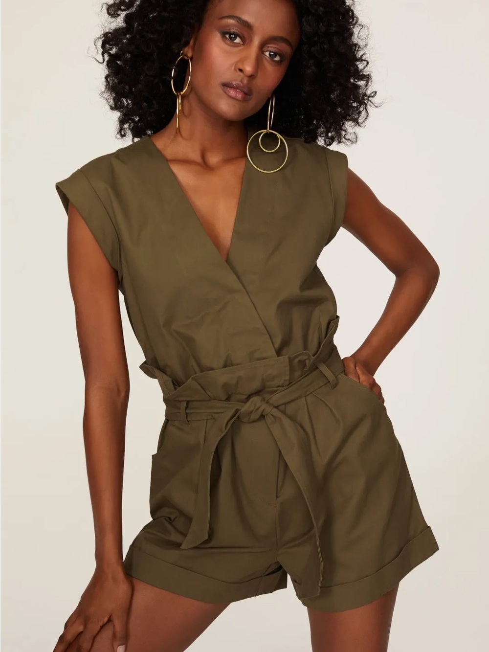 Olive Green V-Neck Paperbag Waist Romper